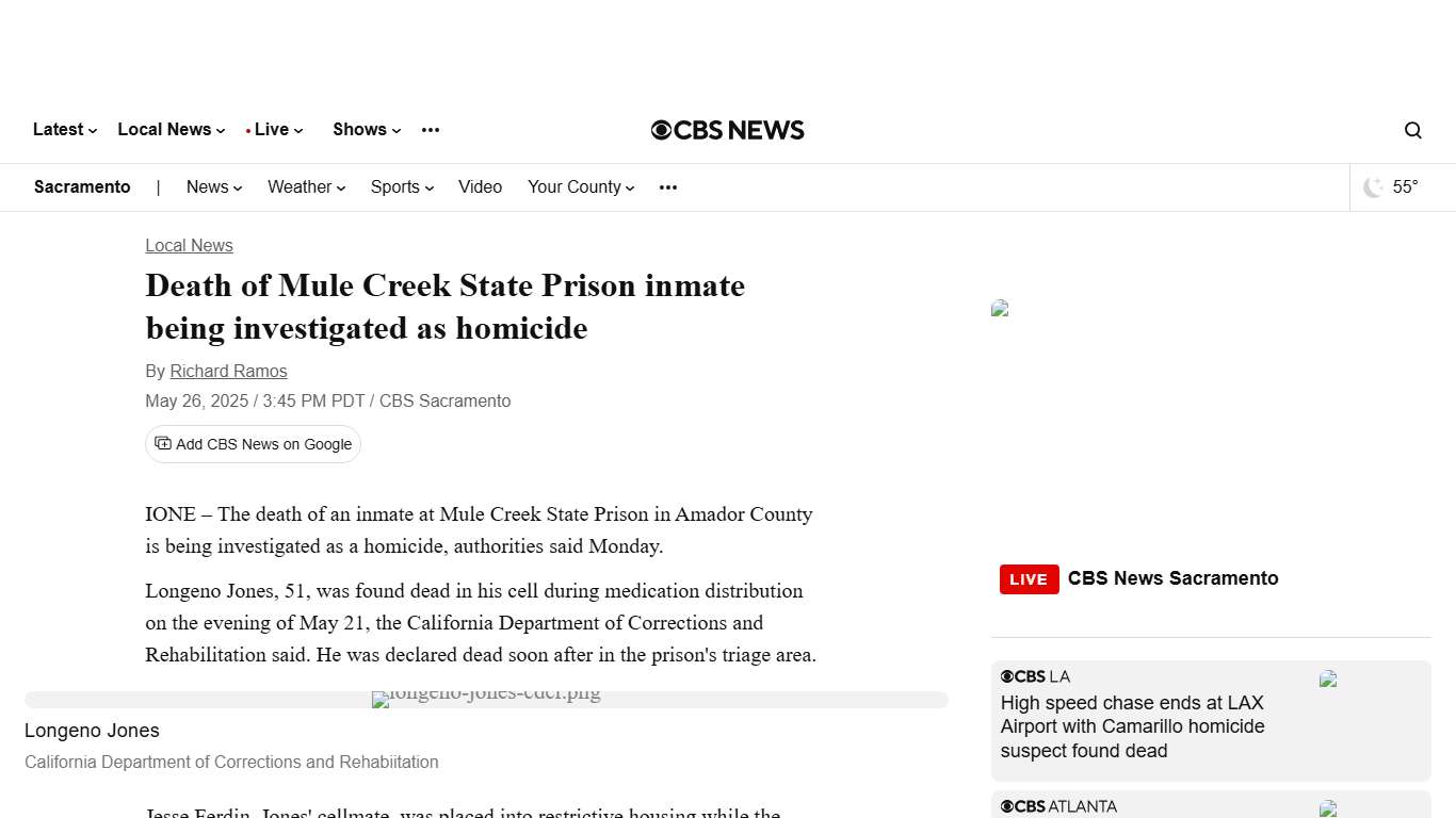 Death of Mule Creek State Prison inmate being investigated as homicide - CBS Sacramento